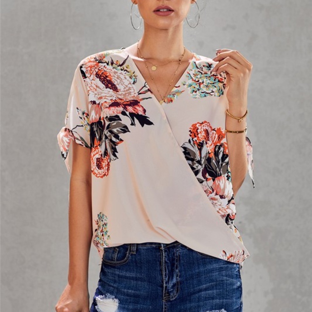 #24 Boho Floral Tropical Print Surplice Tie Sleeve Blouse - Picture 1 of 4